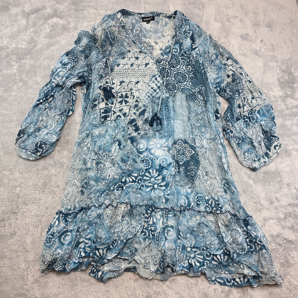 Tolani Women XL Blue Patchwork Tunic Dress Boho Tassel Ruffle Hem Pocket Cupro
